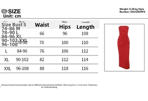 Detailed size chart for the strapless satin dress including chest and waist measurements