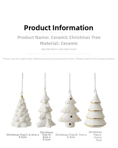 Detail of four white ceramic Christmas tree ornaments with elegant gold patterns and gold strings
