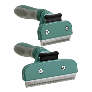 Dual pet grooming brush set with stainless steel teeth and ergonomic non-slip green handles