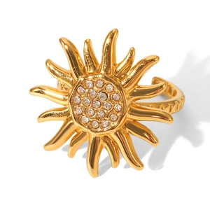 Golden sunburst ring with crystal centerpiece in a minimalist stainless steel design