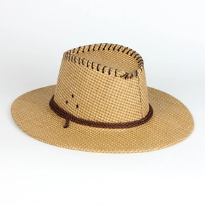 Detail of straw cowboy hat featuring metal eyelets and a woven rope band decoration