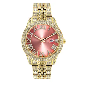 Men Quartz Watch Luxury Iced Out Rhinestone Alloy Stainless Steel Waterproof Luminous Date Roman Numerals Fashion