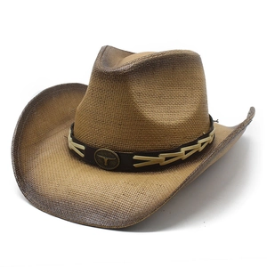 Woven Straw Cowboy Hat Western Style Bull Head Metal Badge Wide Brim Sun Protection Summer Beach Retro Outdoor