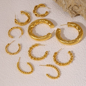 C-Shaped Hoop Earrings Titanium Steel Gold Plated Twisted Texture Geometric Hollow Minimalist Jewelry For Women