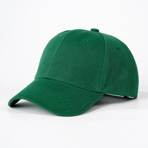 Detailed side view of dark green cotton twill baseball cap with six-panel construction
