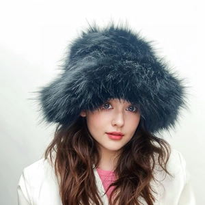 Close-up of thick black faux fur texture on a punk style winter bucket hat