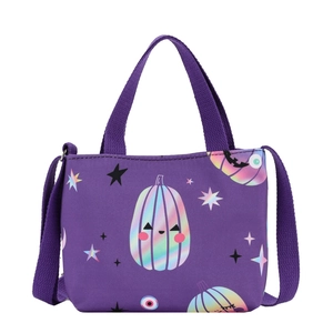 Purple Halloween kids shoulder bag with holographic smiling pumpkin and stars pattern