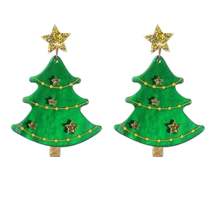 Sparkly green Christmas tree earrings with golden stars on a clean white background