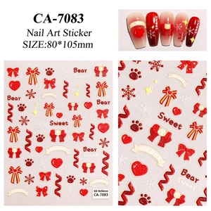 Detailed 5D relievo nail stickers with red bows and cute bears, model CA-7083