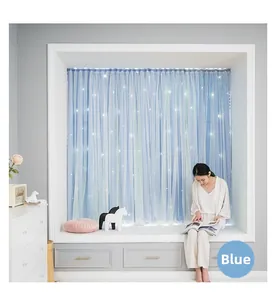 Blue blackout curtains with sheer layer and LED star lights for bedroom window decor