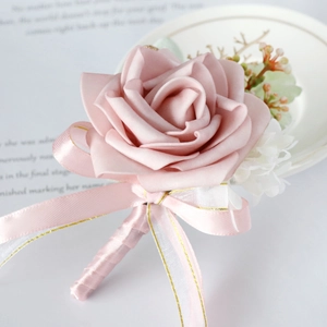 Artificial Rose Boutonniere Wedding Pink PE Satin Flower With Gold Berry Twig Ribbon For Groom Groomsman Banquet Ceremony