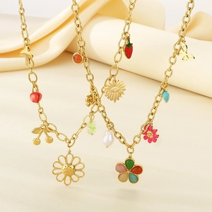 Gold stainless steel charm necklace with resin daisy, pearl, cherry and butterfly pendants