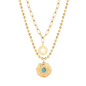 Double-layered gold-plated necklace with turquoise gemstone and bohemian sun pendant charms