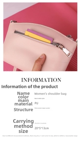 Pink PU crossbody bag interior detail showing main zipper pocket and 20x5x13cm size specs