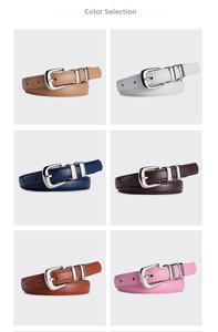 Detail view of colorful women's skinny belts with silver buckles in six matte leather shades