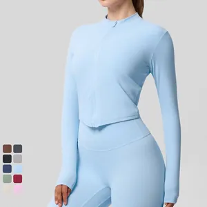 Veste de Yoga Slim Fit pour Femme Col Montant Fermeture Éclair Complète Haut d'Entraînement Manches Longues Vêtements de Sport Avec Trous de Pouce