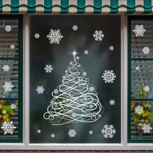 White Christmas tree and snowflake window stickers for festive holiday glass decoration