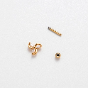 Three-petal marquise zircon flower cartilage stud earring with golden screw back