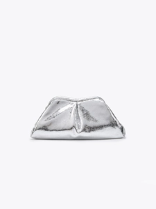 Silver metallic dumpling clutch bag with pleated texture and stylish snake chain strap