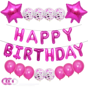 Kit de décoration d'anniversaire rose avec ballons HAPPY BIRTHDAY en aluminium et confettis