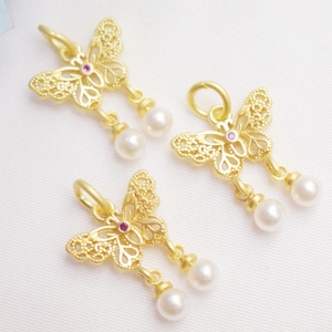 14K gold butterfly pendant with red gemstone and hanging white pearls for DIY jewelry