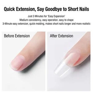 Fast-drying clear UV nail extension gel before and after application on fingernail