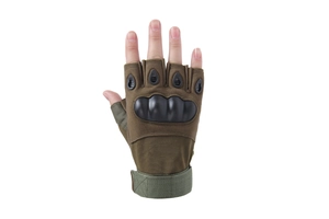 Detail of military green tactical fingerless gloves with black hard knuckle protection
