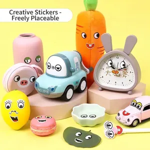 Colorful cartoon eye and mouth stickers for DIY crafts shown on various toys and household items