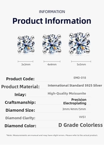 S925 sterling silver moissanite stud earrings featuring D color VVS1 grade 4-prong setting