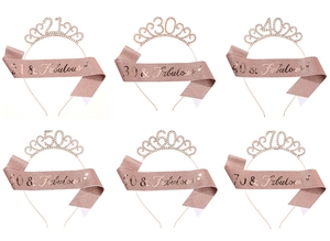 Detailed grid of rose gold crystal tiaras and glitter birthday sashes for multiple ages