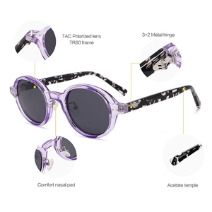 Polarized TR90 round sunglasses with purple transparent frame and floral acetate temples