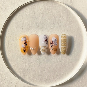 5D stereoscopic floral nail stickers in creamy apricot with pearl accents and golden patterns