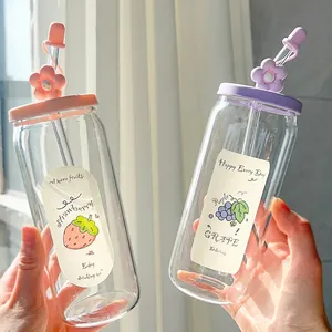 High-capacity glass water bottle with strawberry and grape themes and cute straw covers