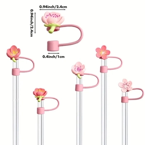 Pink peach blossom silicone straw cover for Stanley cups with detailed size measurements