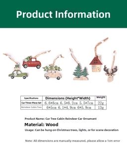 Detailed view of wood Christmas ornaments with strings, white beads and product dimensions