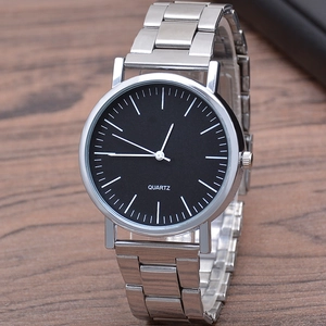 Classic silver steel quartz watch with black dial and blue glass, 45-degree angle view