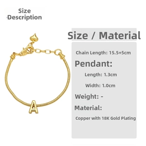 Detail of 18K gold plated letter A bracelet with size specs 15.5+5cm and 1.3x1.0cm