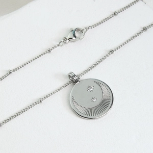 Star and moon tarot style necklace in silver with cubic zirconia and round bead chain