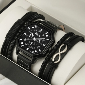 Detail view of square dial quartz watch and multi-layer leather bracelet in a gift box