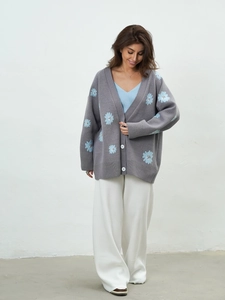 Women Embroidered Daisy Knit Cardigan Loose Long Sleeve V Neck Button Down Casual Sweater Outerwear Top