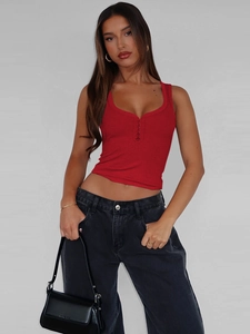 Women's red ribbed U-neck crop top tank with front button detail and slim fit design