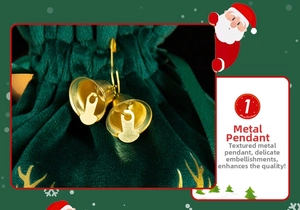 Close-up of green velvet Christmas apple bag with gold bells and elk horn patterns