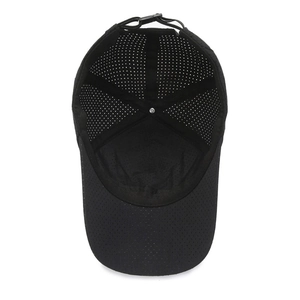 Black perforated mesh baseball cap with breathable six-panel interior and adjustable strap