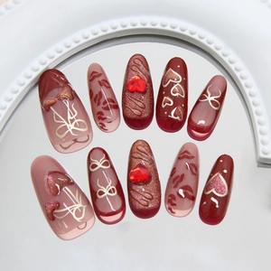 3D cat eye heart cherry long almond press-on nails with bow and leopard print