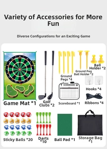 Vista cenital del set de golf y dardos con palos, pelotas, alfombrilla y otros accesorios