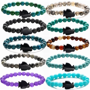 Natural Stone Beaded Bracelet Animal Penguin Fish Charm Tiger Eye Agate Elastic Handmade Unisex Jewelry