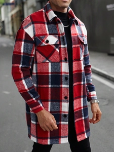 Detail of red and navy plaid longline shirt jacket with chest pockets for men