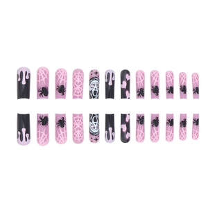 Halloween press-on nails featuring pink and black ghostface masks and spider web designs
