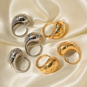 Exaggerated 18K gold plated stainless steel open rings with zircon and pearls