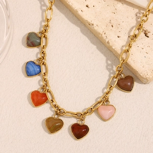 18K gold plated stainless steel necklace with colorful resin heart-shaped pendants